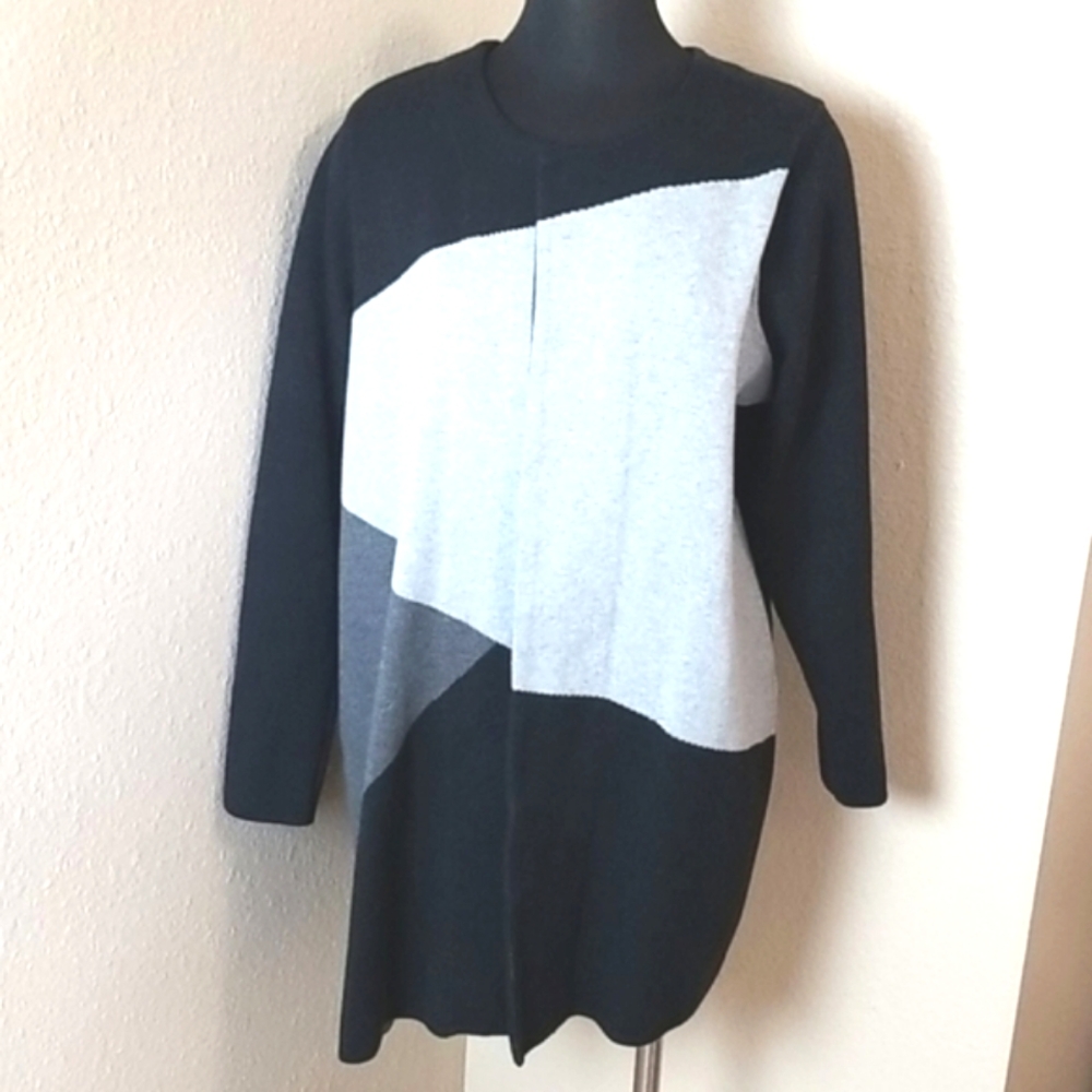 Black Gray Geometric Open Front Cardigan 2X